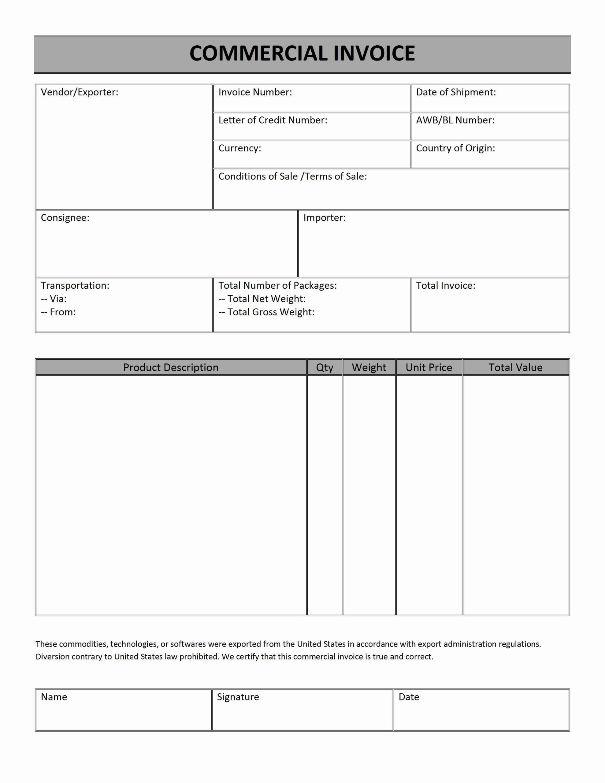 sample customs commercial invoice template