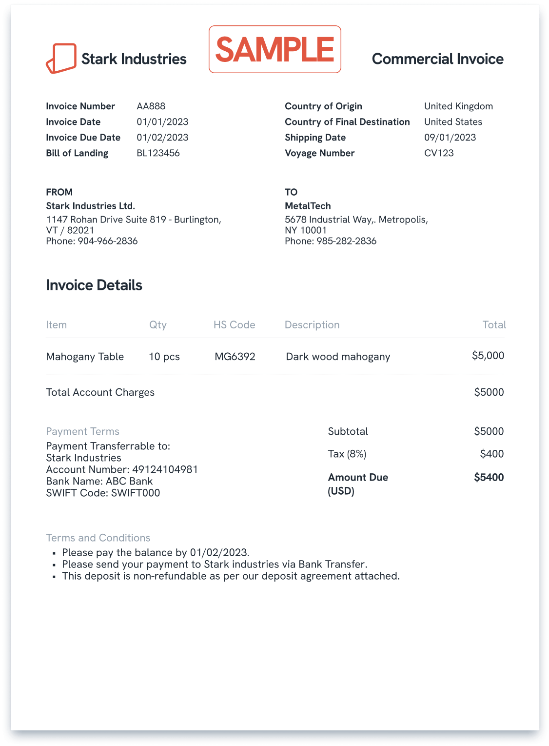 sample international shipping commercial invoice template