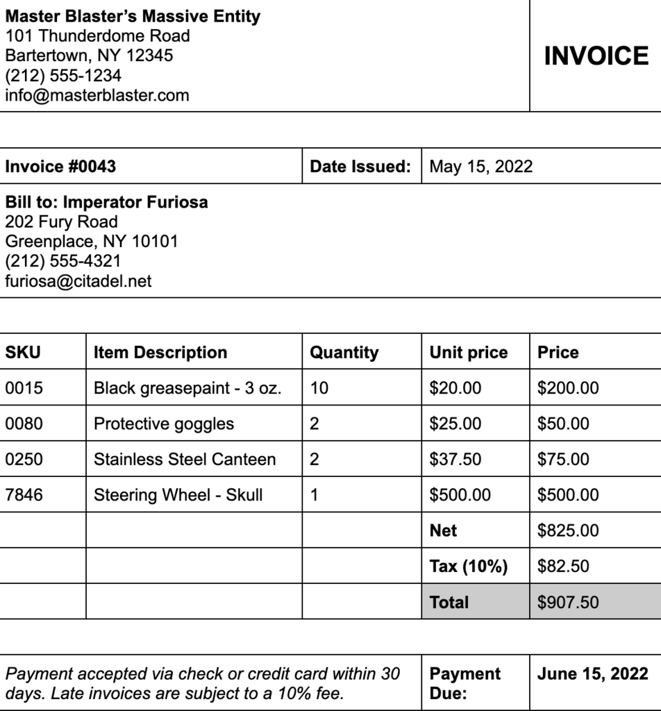 sample sales invoice template