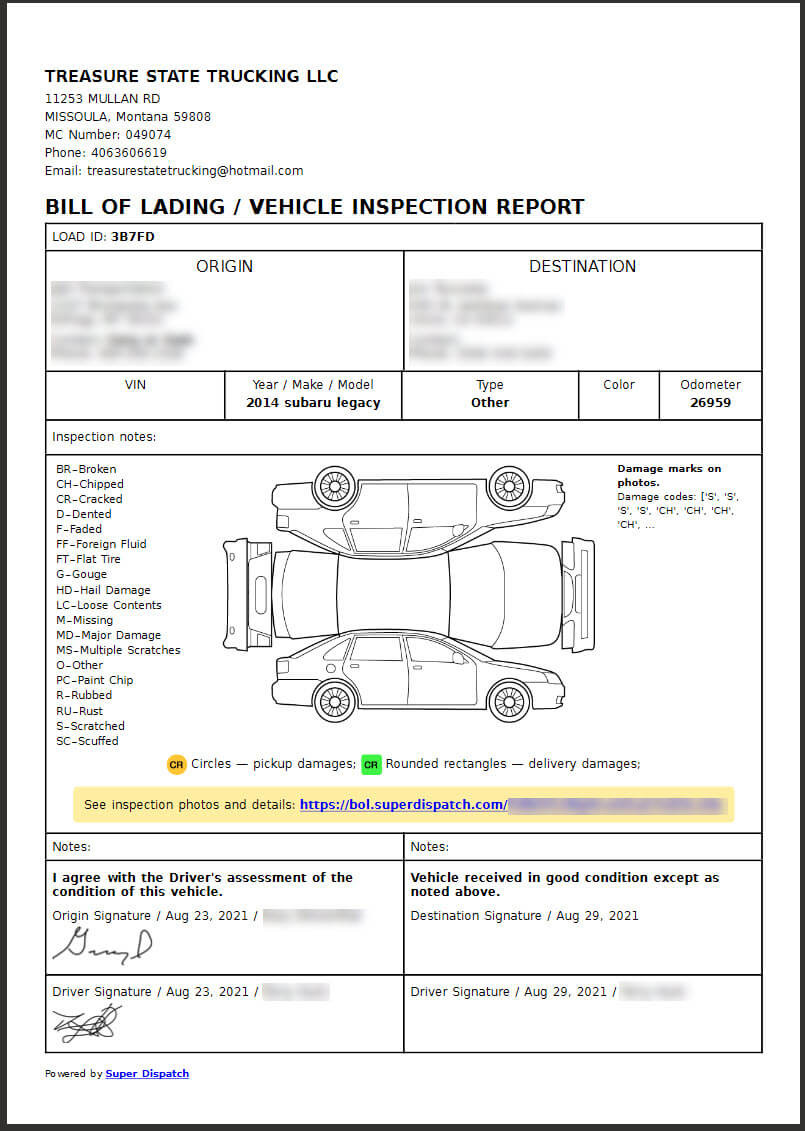 sample auto transport invoice template