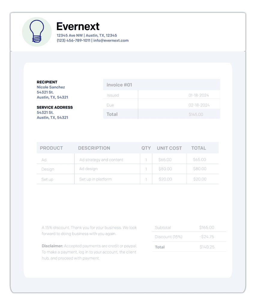 sample ach invoice template