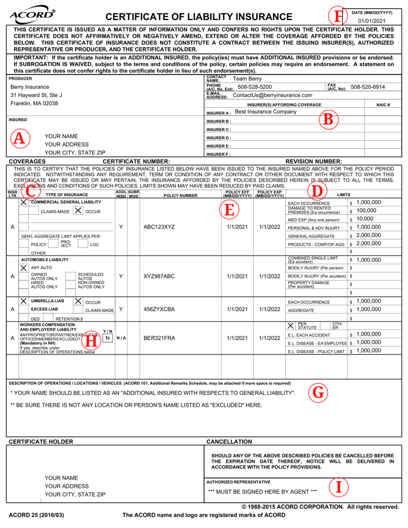 sample Insurance Certificate template