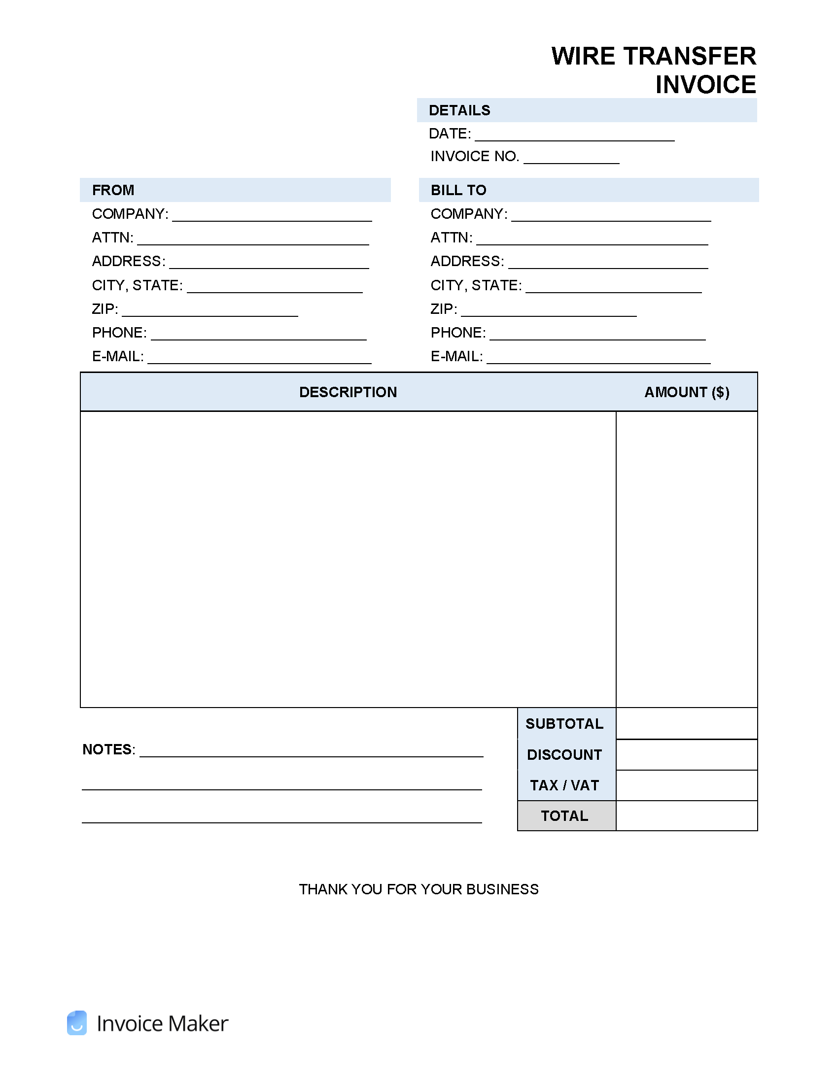 sample wire transfer invoice template