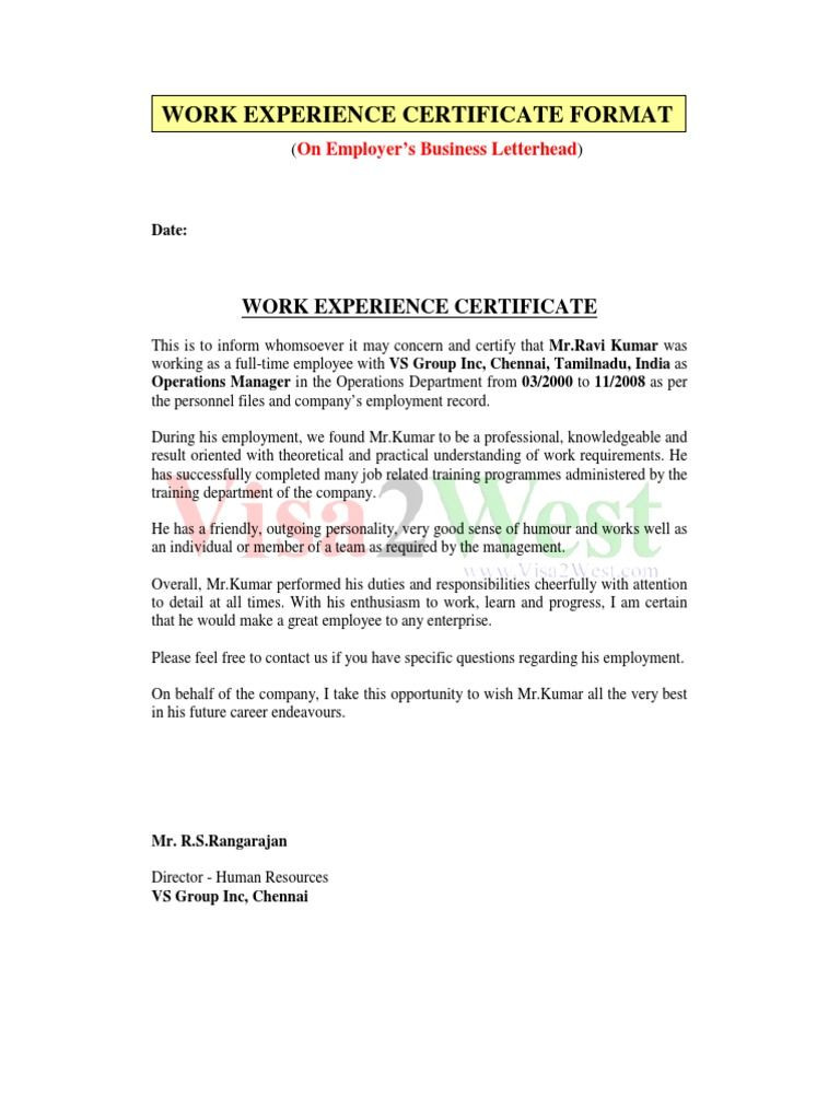 sample Work Experience Certificate template