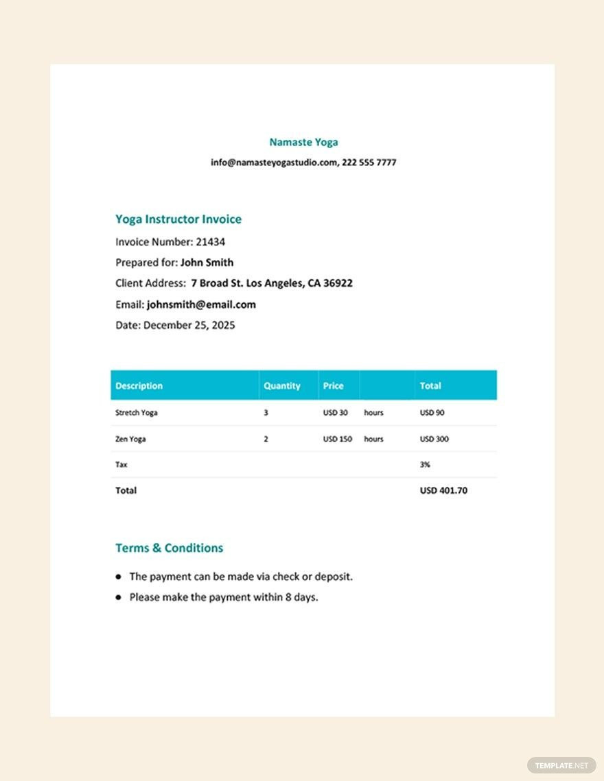 sample yoga invoice template