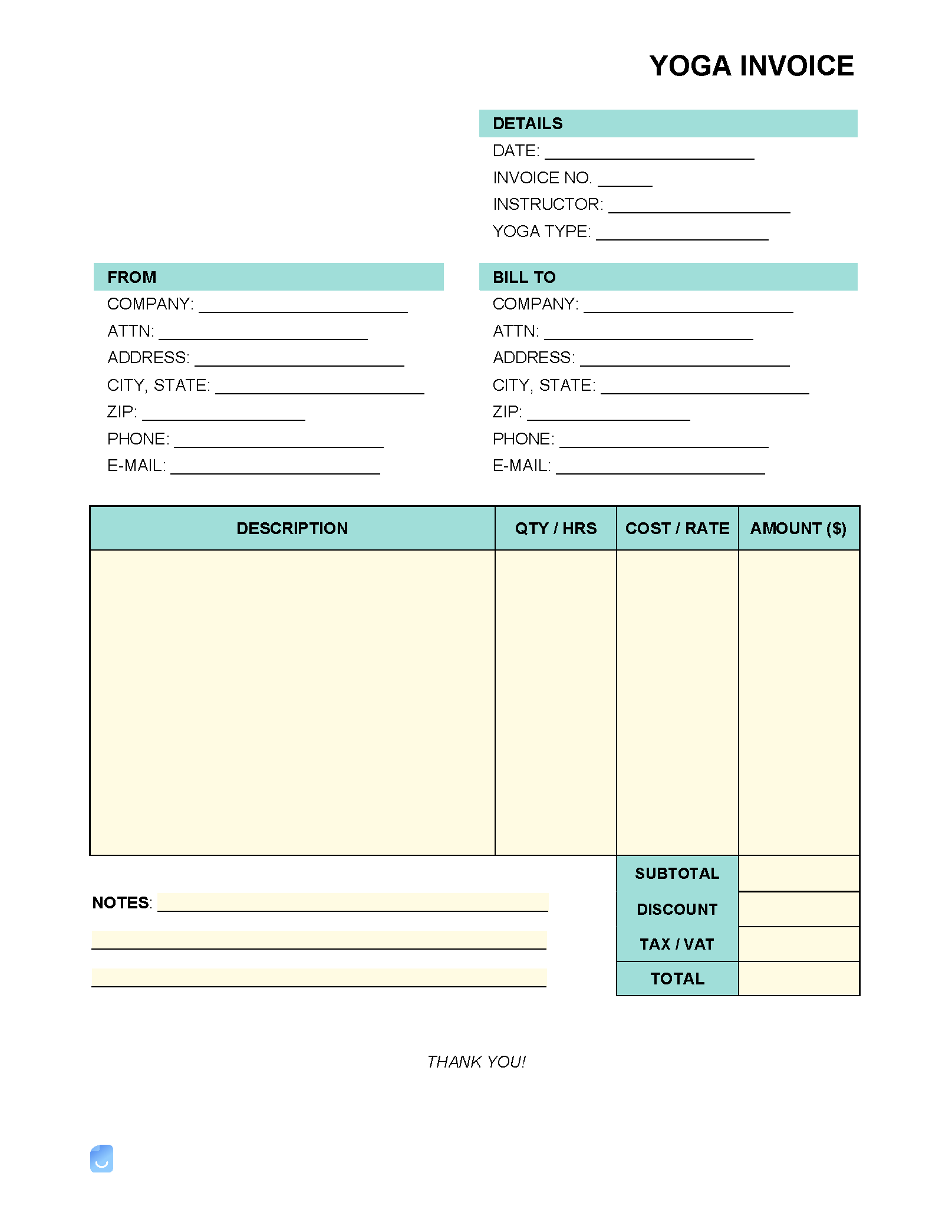 sample yoga invoice template