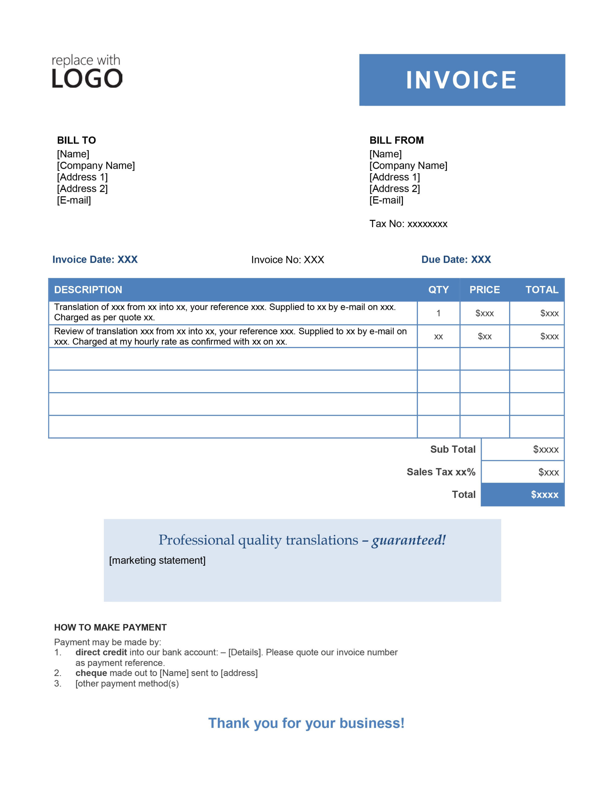 sample invoice for translation services template