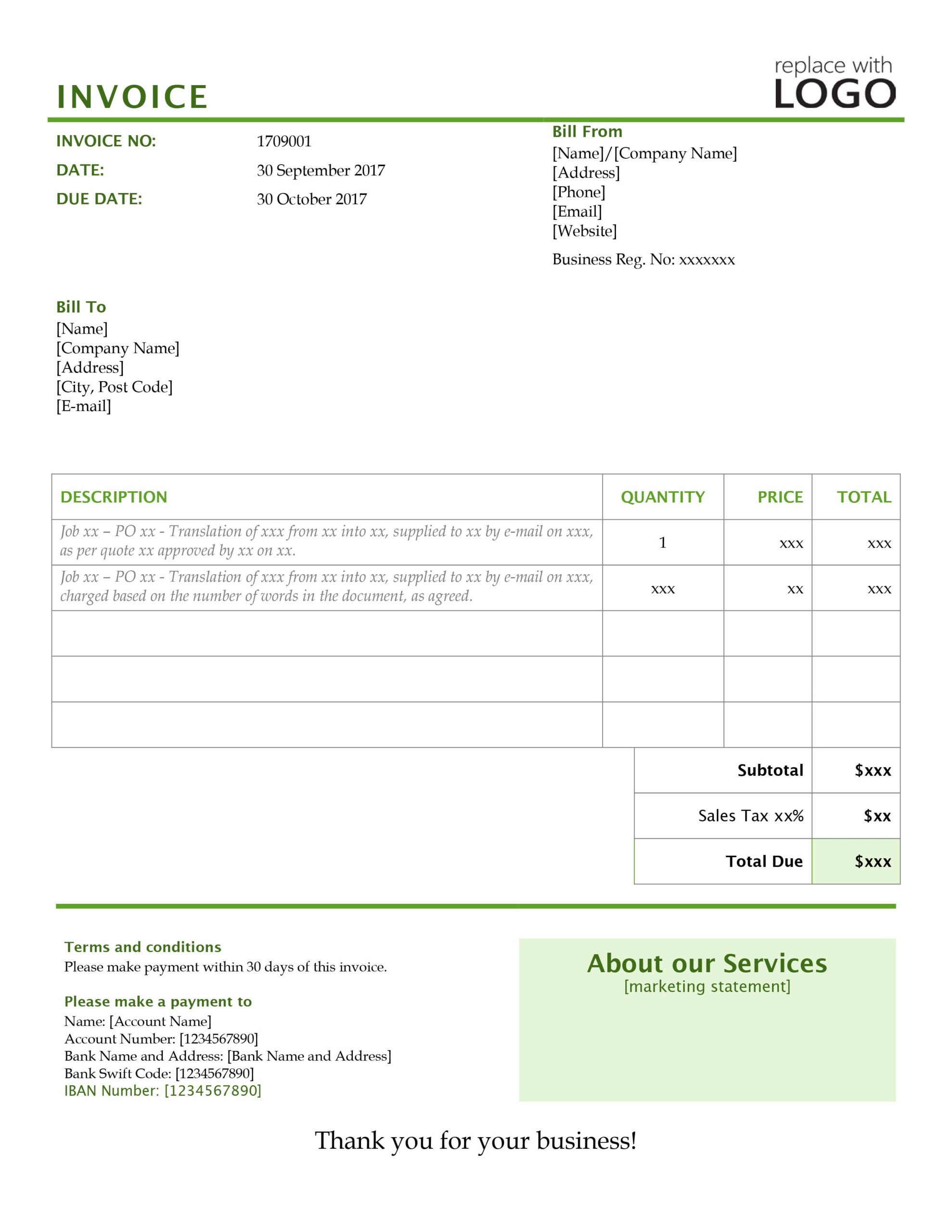 sample invoice for translation services template