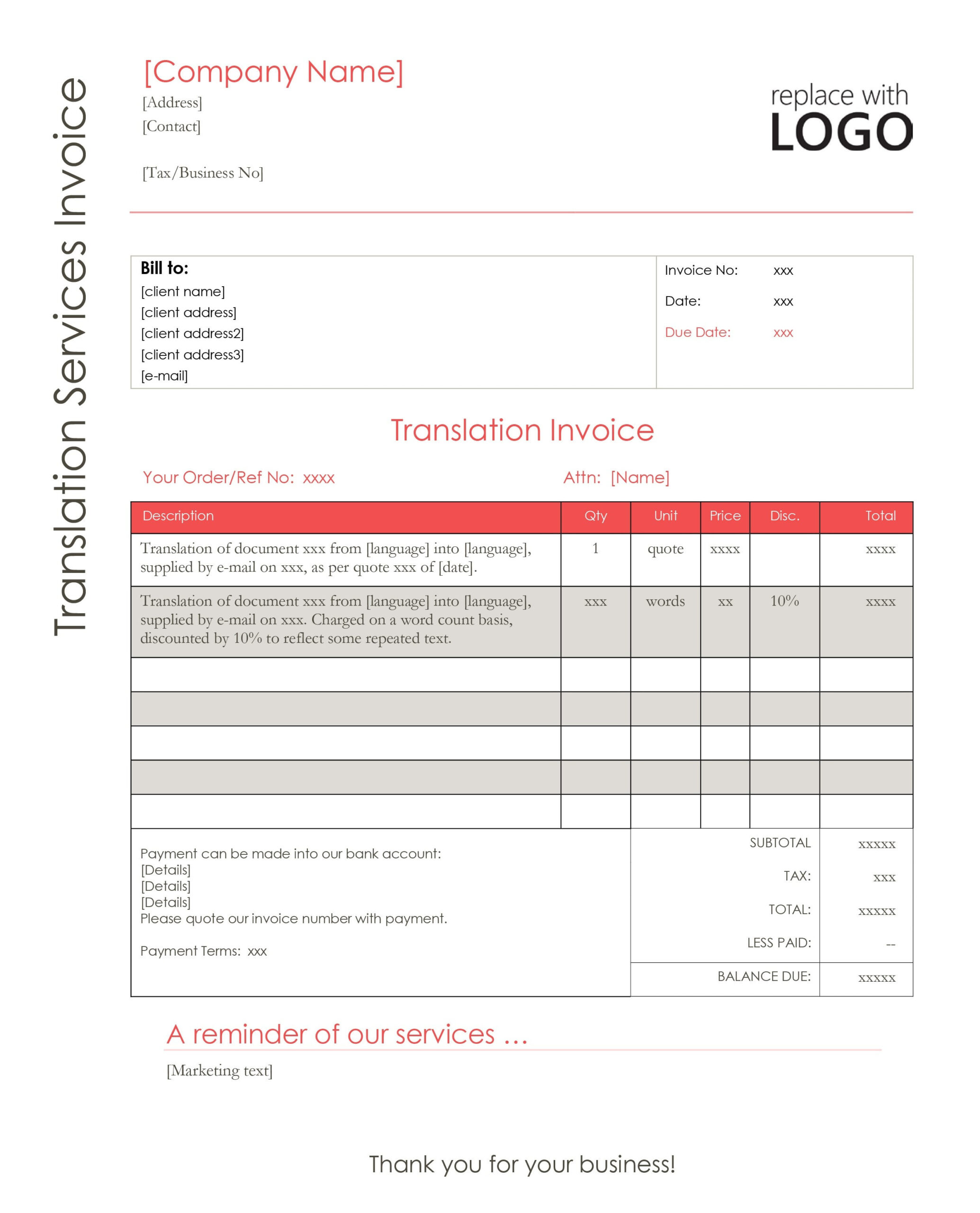 sample invoice for translation services template